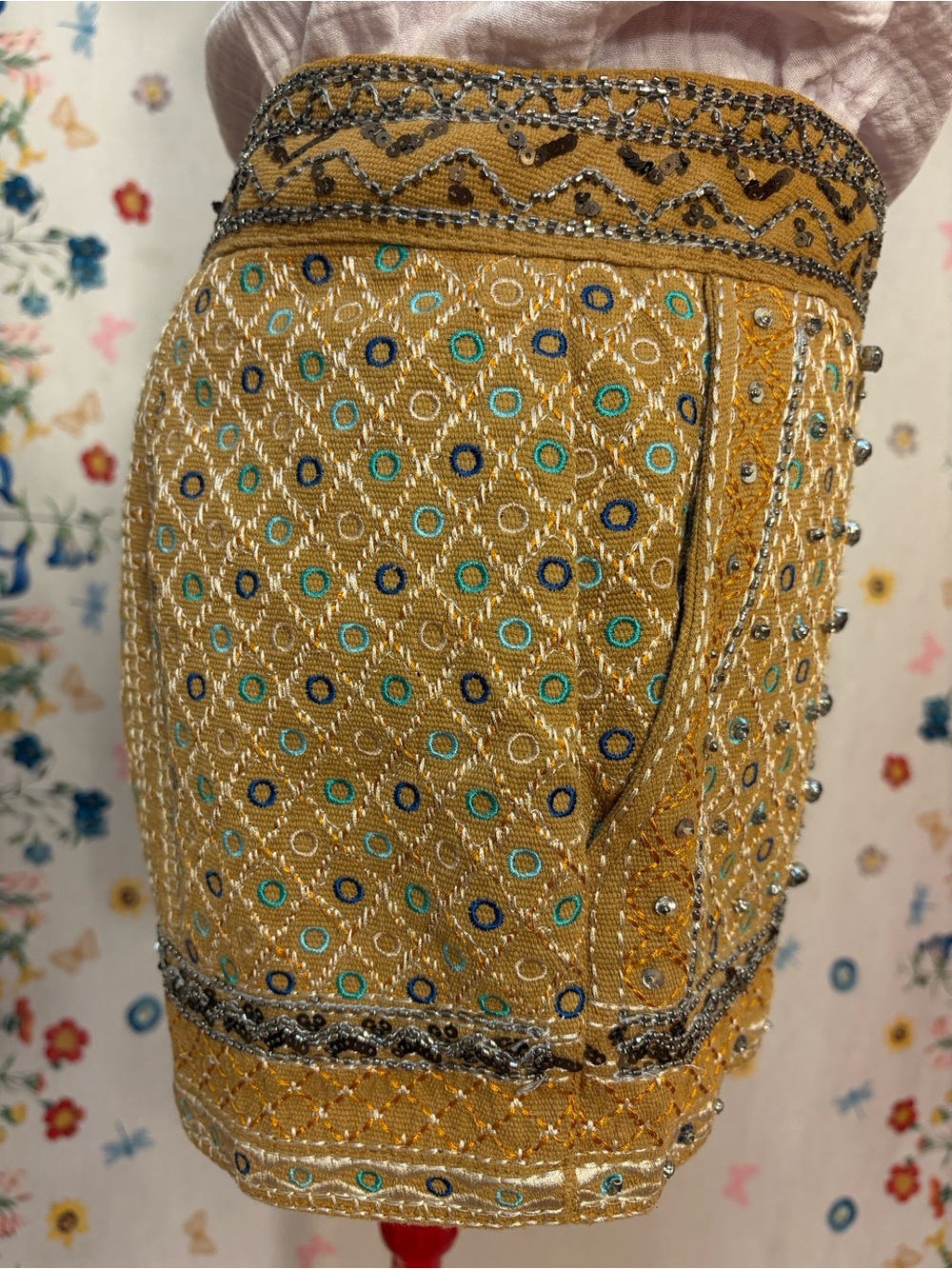 Freeway - Mustard Embroidered Shorts w/ Mirror Accents Festival Boho Glam Party - Picture 6 of 12